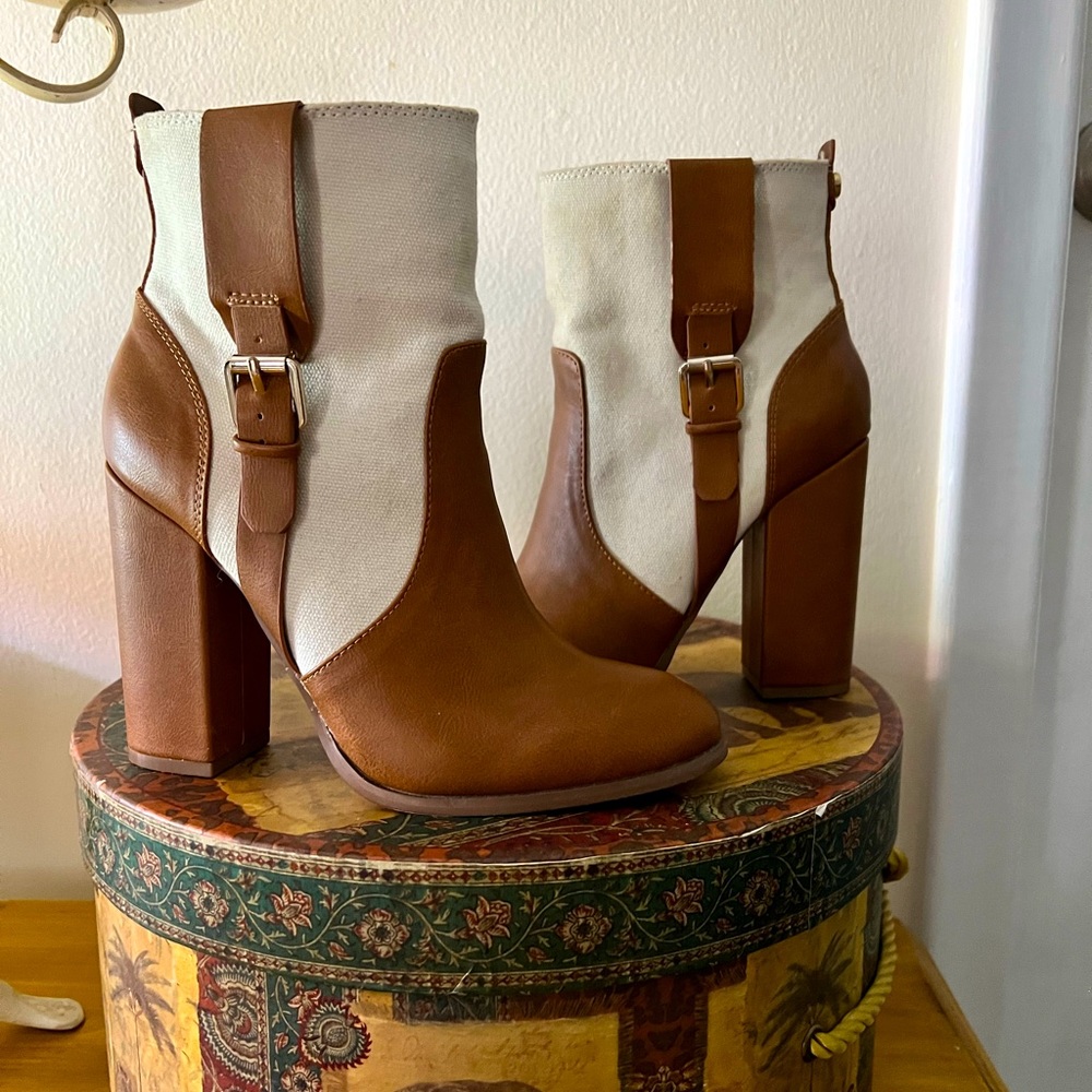 Boots-4 inch stacked heel. Tan and cream leather and fabric with gold details.